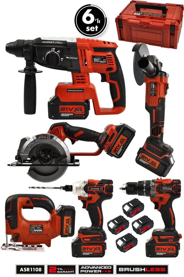 Assur 21V Akülü 6'lı Set Somun Sıkma Akülü Vidalama Daire Testere Dekupaj Testere Taşlama Hilti