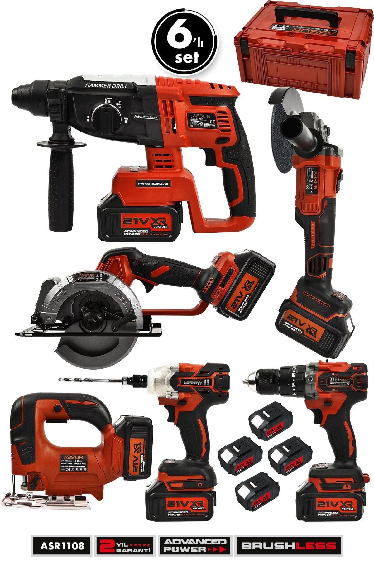 Assur 21V Akülü 6'lı Set Somun Sıkma Akülü Vidalama Daire Testere Dekupaj Testere Taşlama Hilti