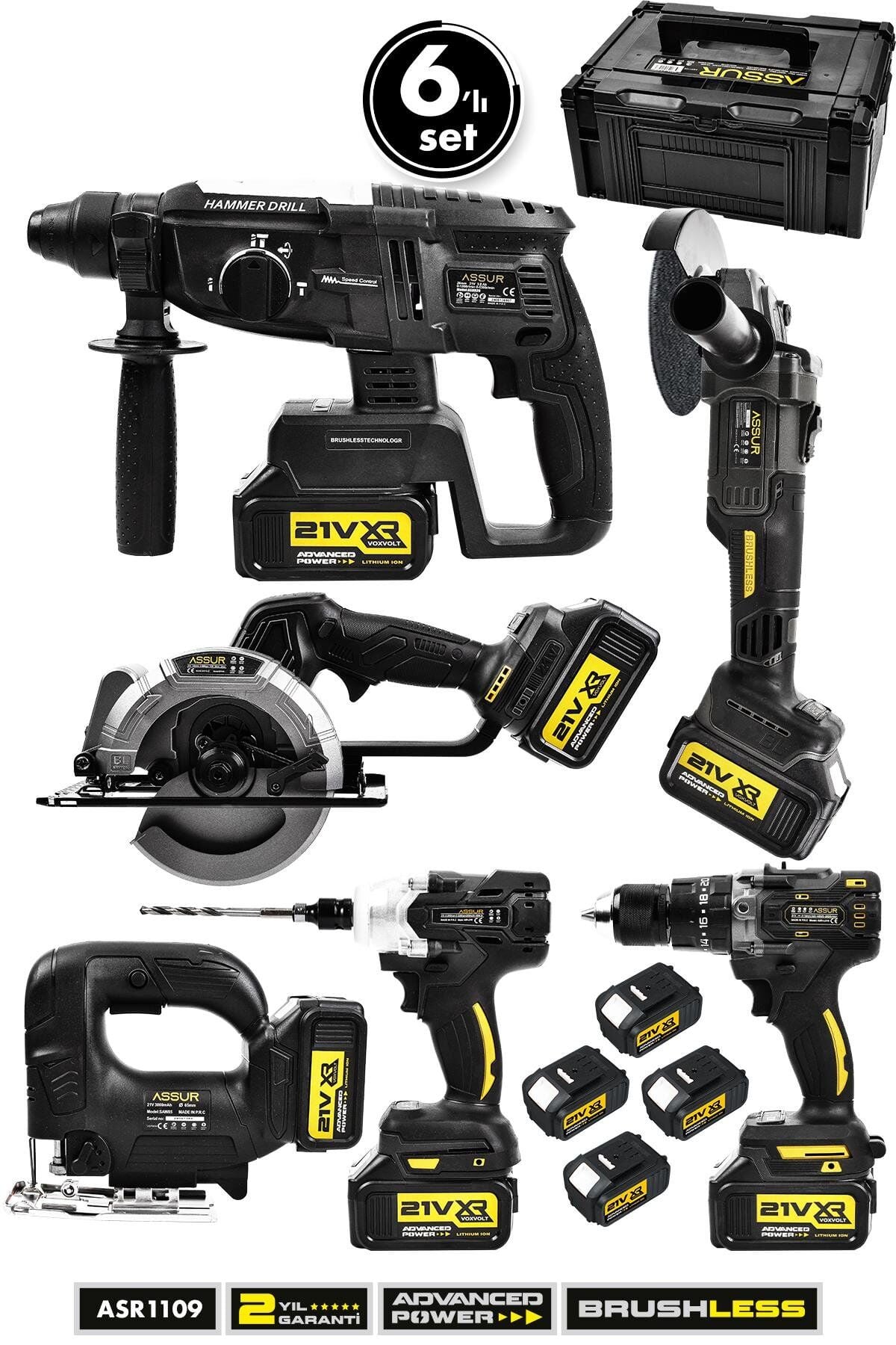 Assur 21V Akülü 6'lı Set Kırıcı Delici Hilti Taşlama Somun Sıkma Vidalama Daire Testere Dekupaj