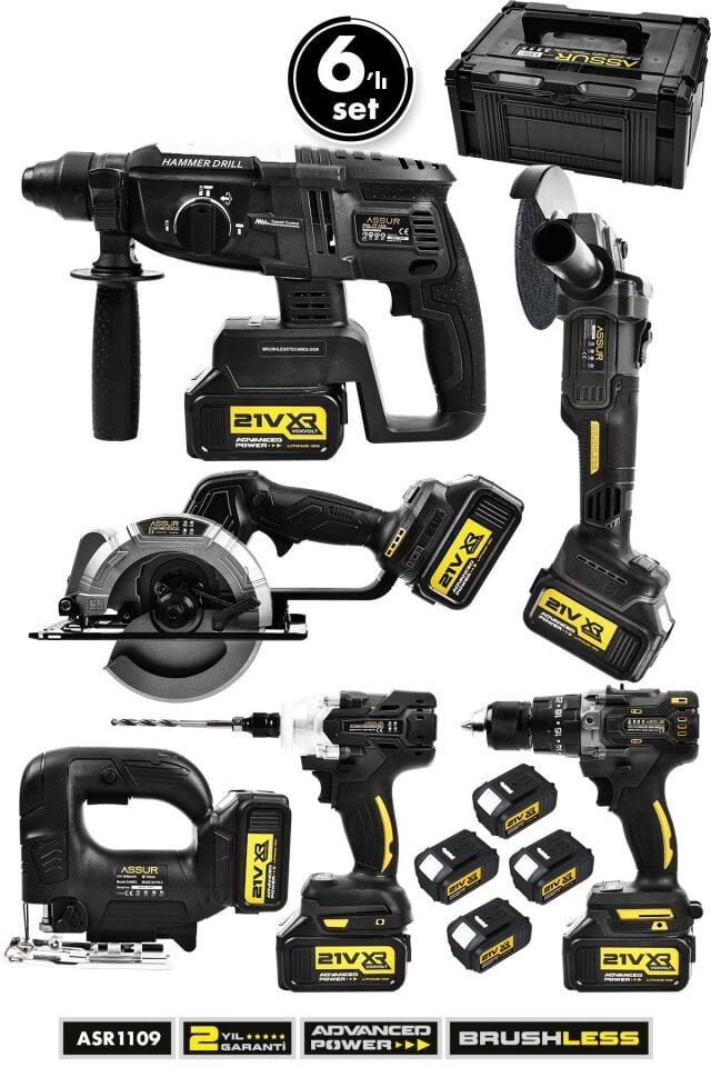 Assur 21V Akülü 6'lı Set Kırıcı Delici Hilti Taşlama Somun Sıkma Vidalama Daire Testere Dekupaj