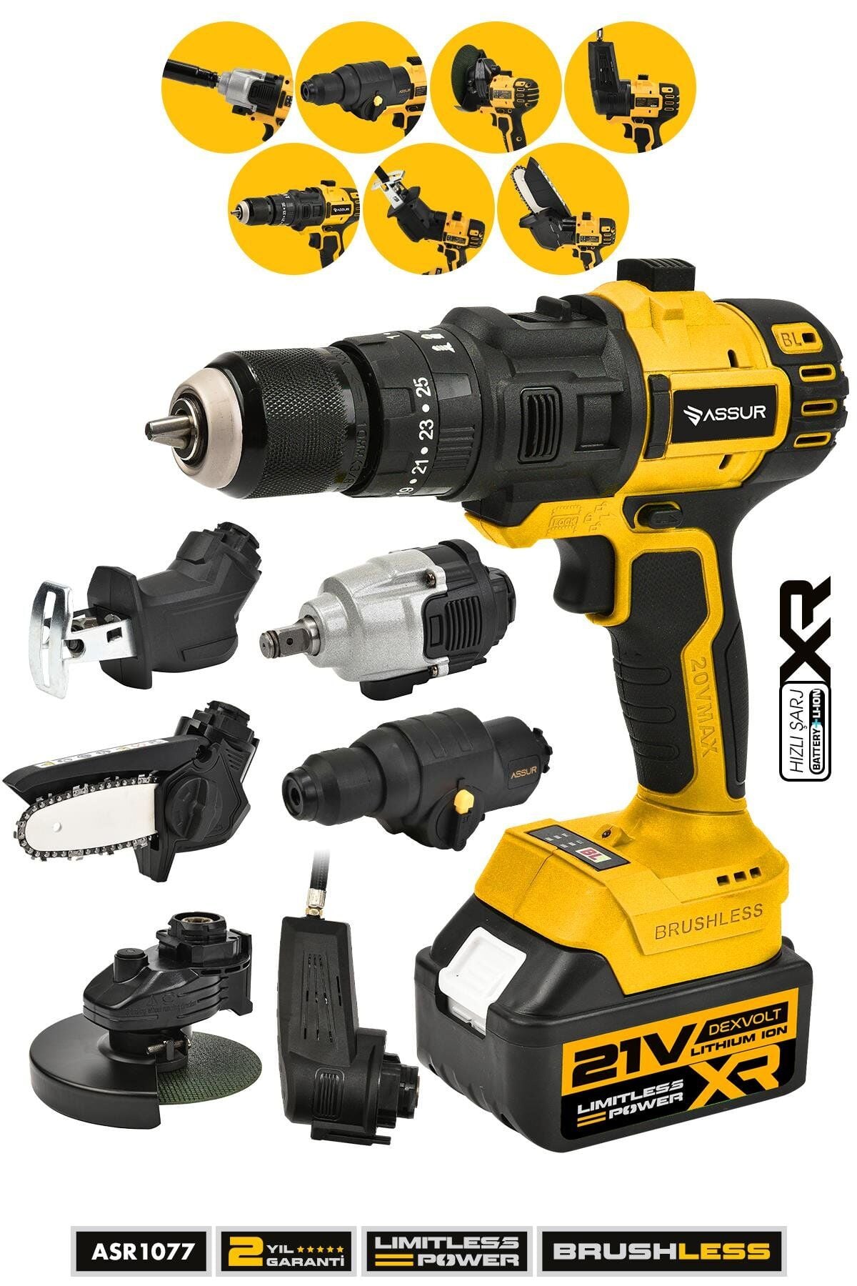 Assur Profesyonel 7 Başlıklı Set 21V Hilti Matkap Taşlama Somun Sıkma Tilki Kuyruğu Budama Hava Pompası