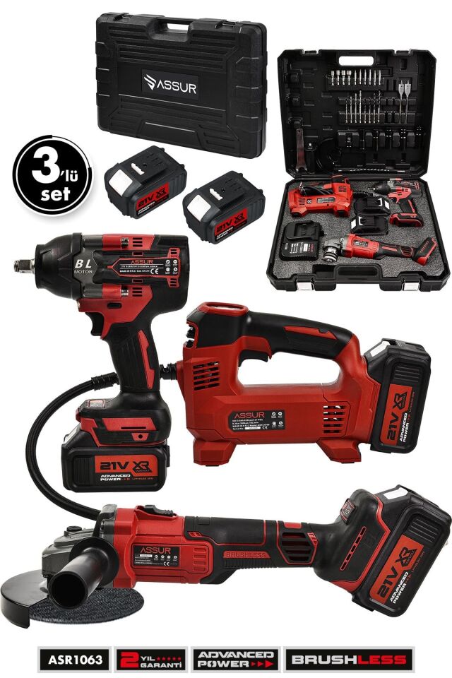 Assur 21V Çift Akü Hava Pompası 800 Nm Somun Sıkma Sökme 125 Mm Taşlama 3'lü Set