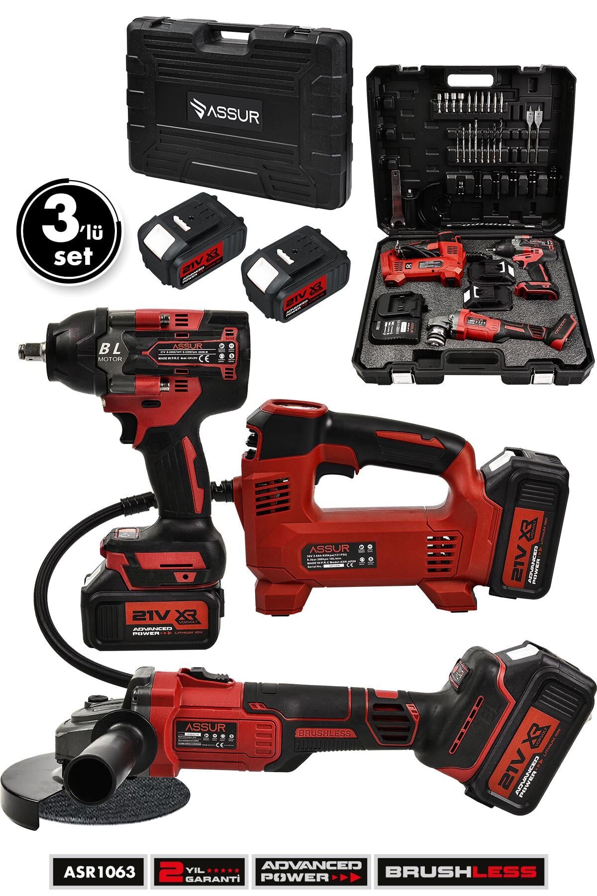 Assur 21V Çift Akü Hava Pompası 800 Nm Somun Sıkma Sökme 125 Mm Taşlama 3'lü Set