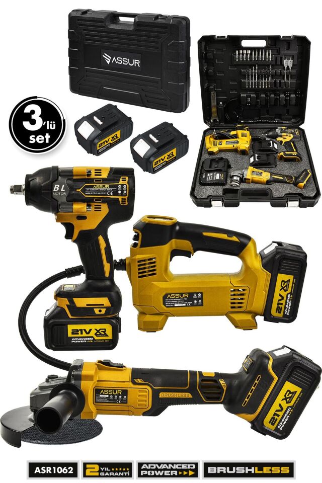 Assur 21V Çift Akü 125 Mm Taşlama Hava Pompası 800 Nm Somun Sıkma Sökme 3'lü Set