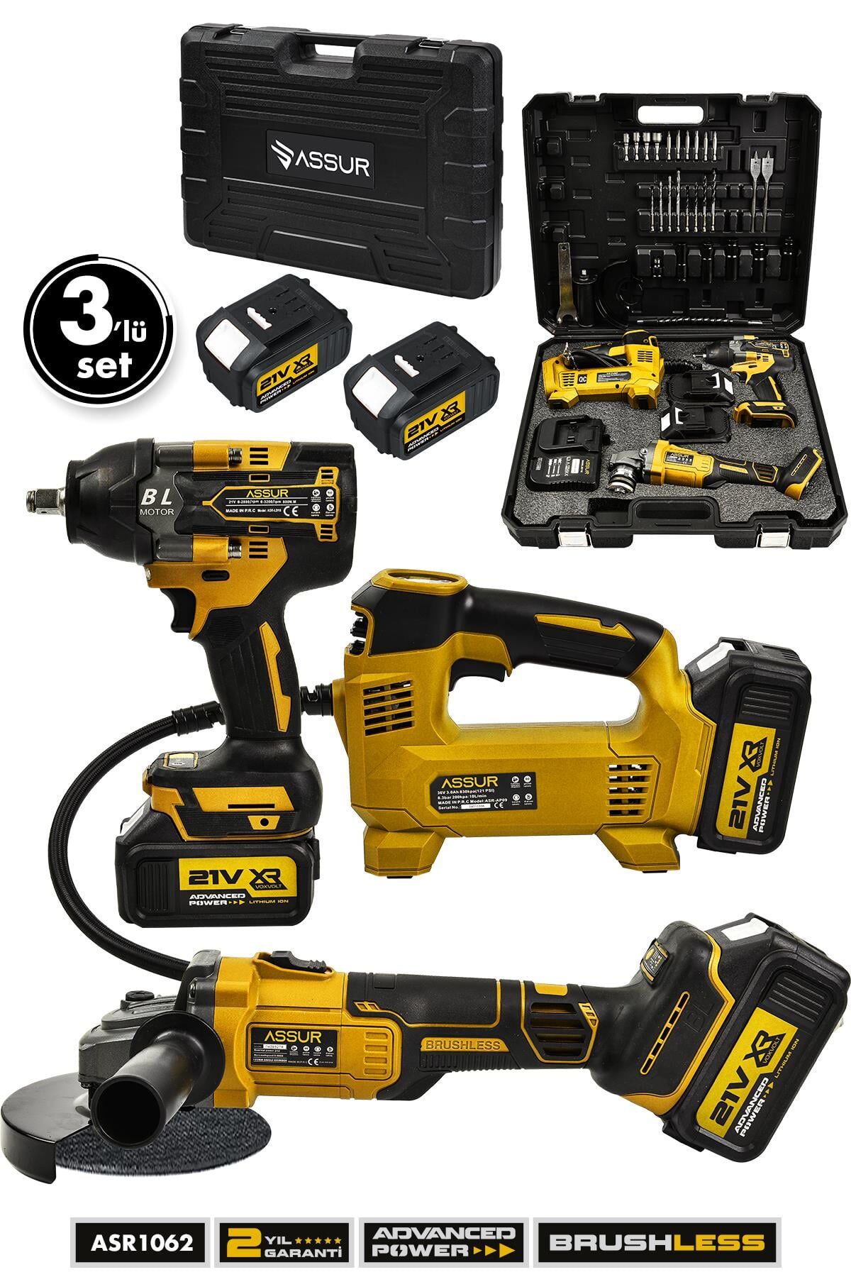 Assur 21V Çift Akü 125 Mm Taşlama Hava Pompası 800 Nm Somun Sıkma Sökme 3'lü Set