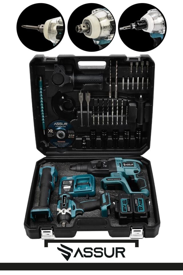 Assur 21V Çift Akü Kırıcı Delici Hilti 2-26mm + Somun Sıkma Sökme + Taşlama 3'lü Set