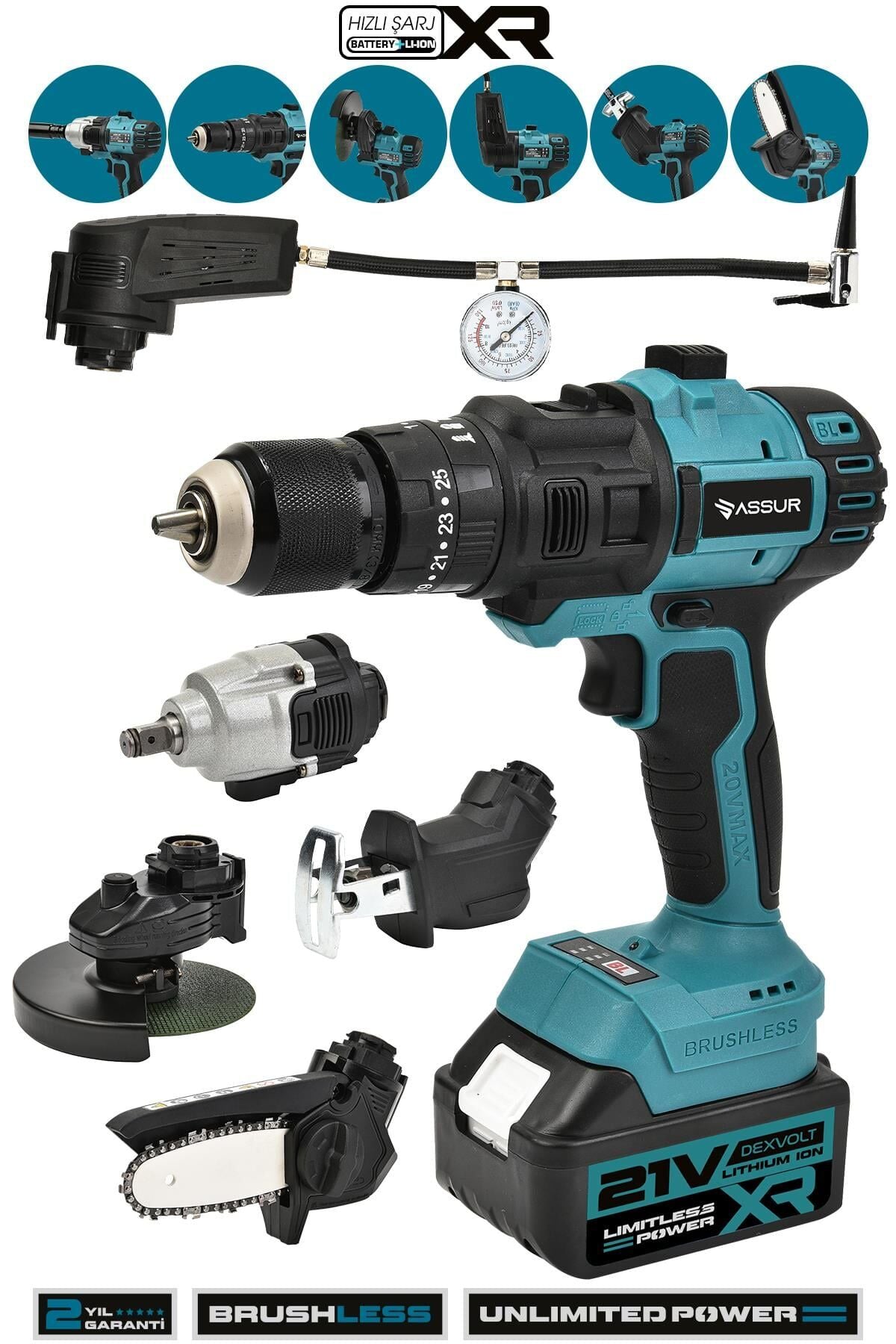 Assur 21V 6 Başlıklı Set Hava Pompası Vidalama Testere Tilki Kuyruğu Taşlama Somun Sökme