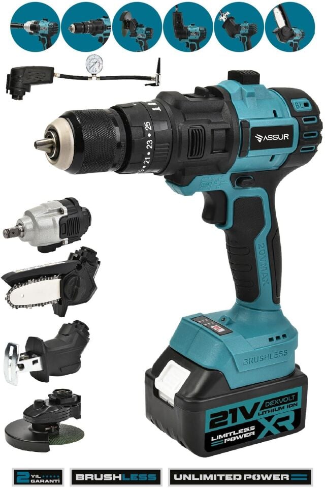 Assur 21V 6 Başlıklı Set Vidalama Testere Tilki Kuyruğu Taşlama Somun Sökme Hava Pompası