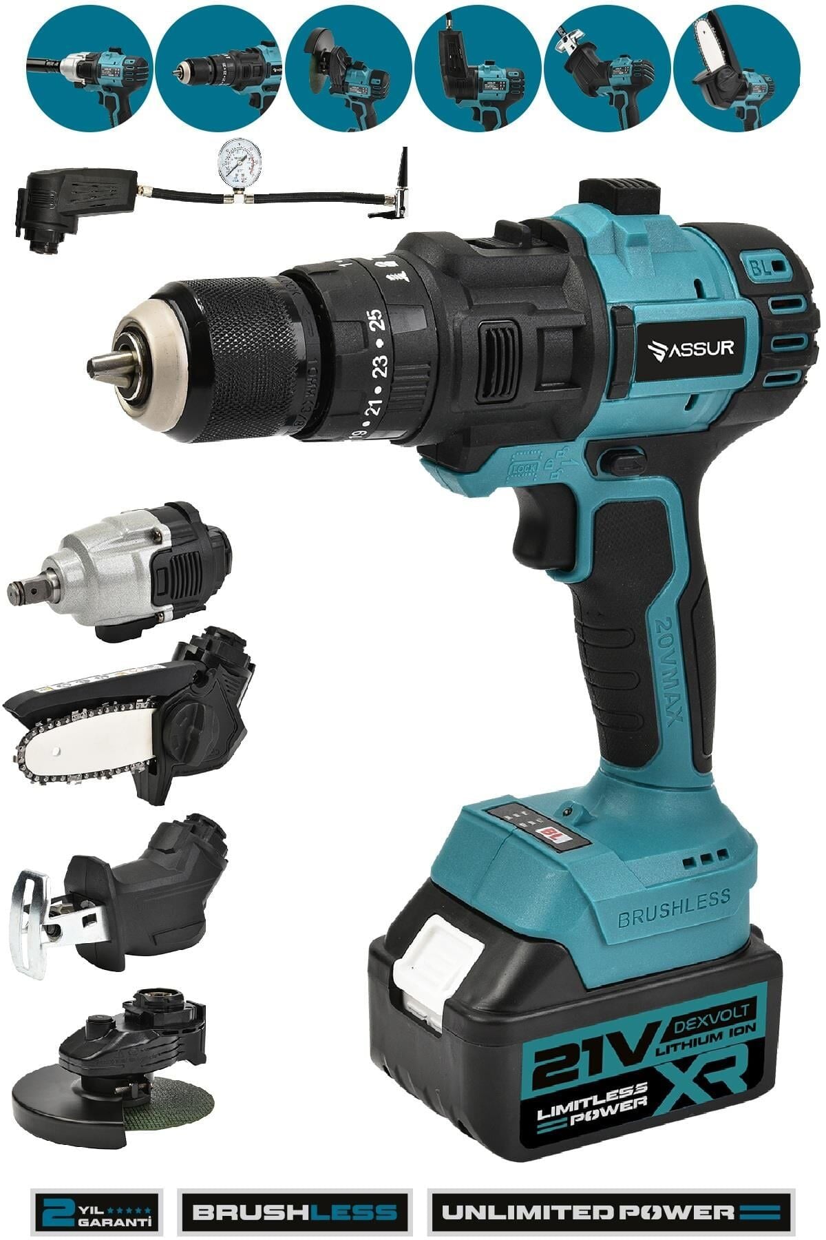 Assur 21V 6 Başlıklı Set Vidalama Testere Tilki Kuyruğu Taşlama Somun Sökme Hava Pompası