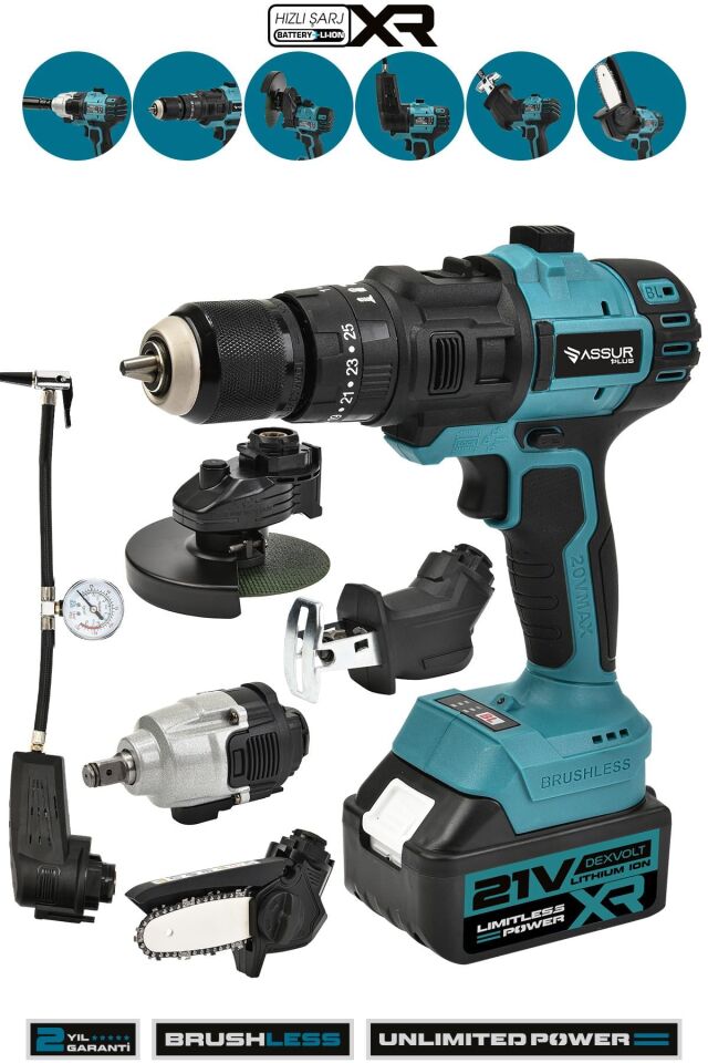 Assur 21V 6 Başlıklı Set Taşlama Somun Sıkma Tilki Kuyruğu Dal Budama Vidalama Hava Pompası