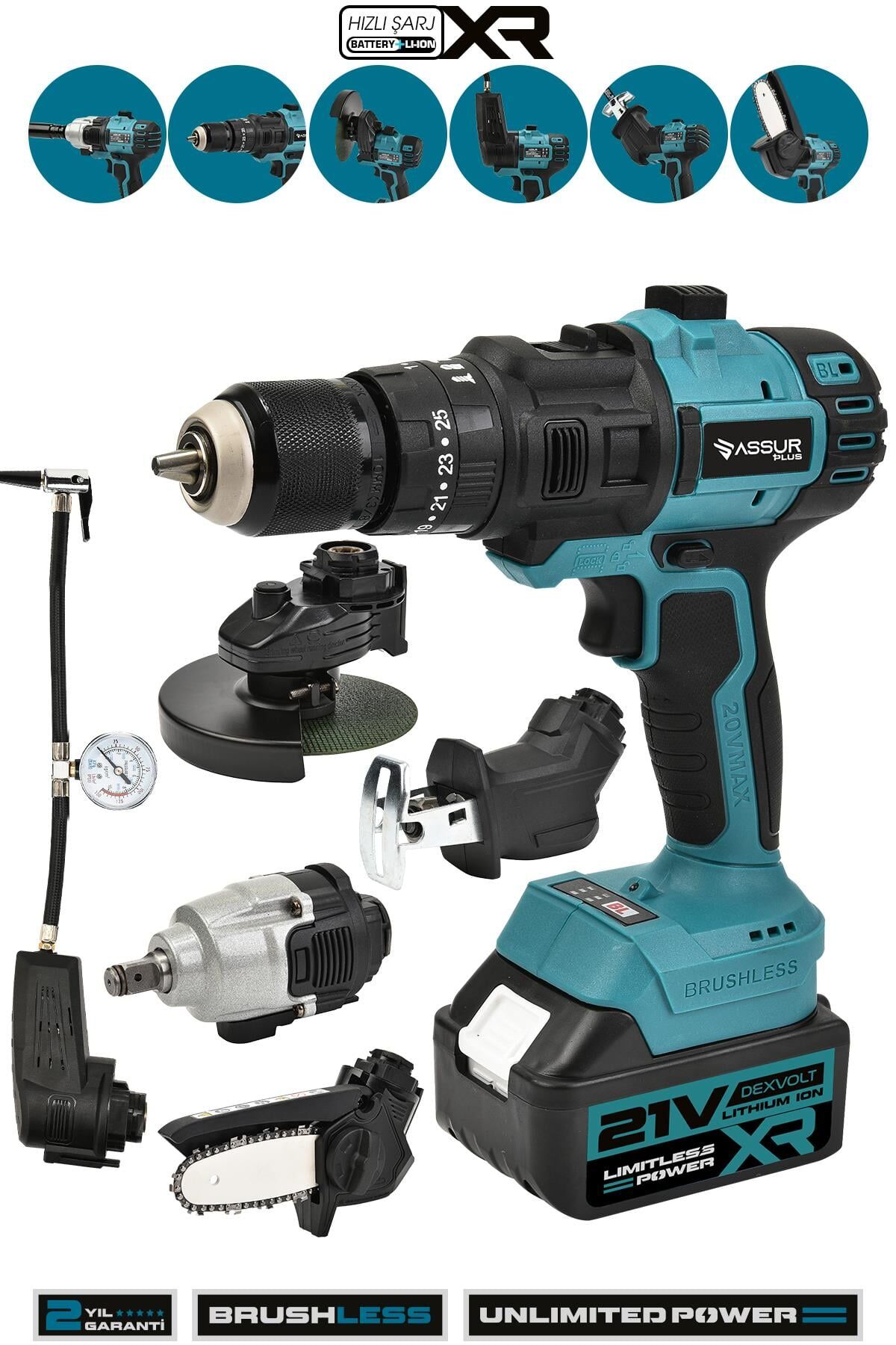 Assur 21V 6 Başlıklı Set Taşlama Somun Sıkma Tilki Kuyruğu Dal Budama Vidalama Hava Pompası