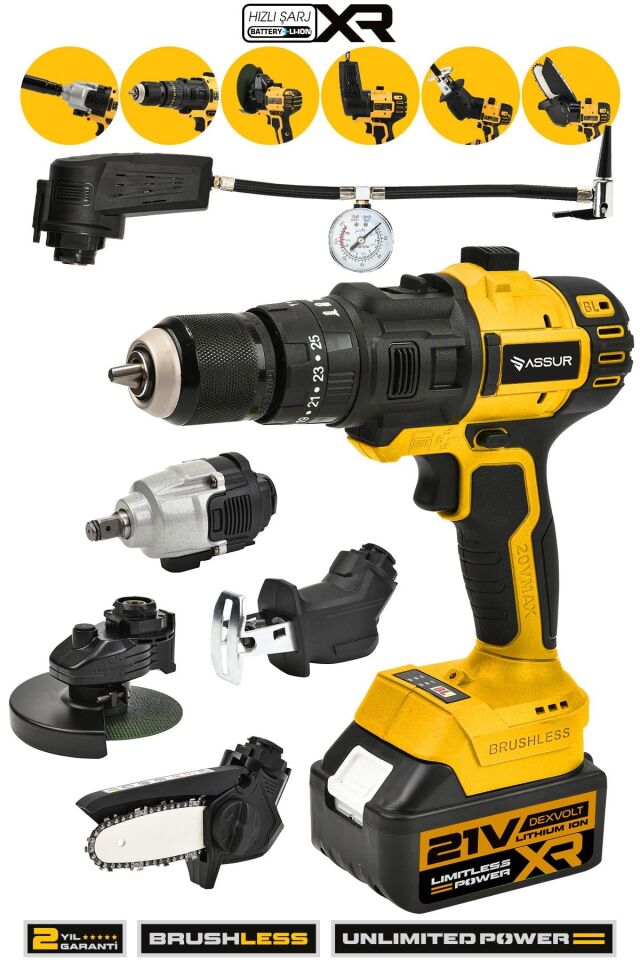 Assur 21V 6 Başlıklı Set Testere Vidalama Tilki Kuyruğu Taşlama Somun Sökme Hava Pompası