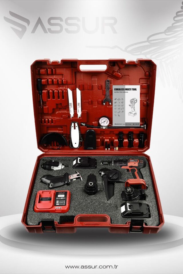 Assur 21V 6 Başlıklı Set Taşlama Somun Sıkma Tilki Kuyruğu Dal Budama Akülü Vidalama Hava Pompası