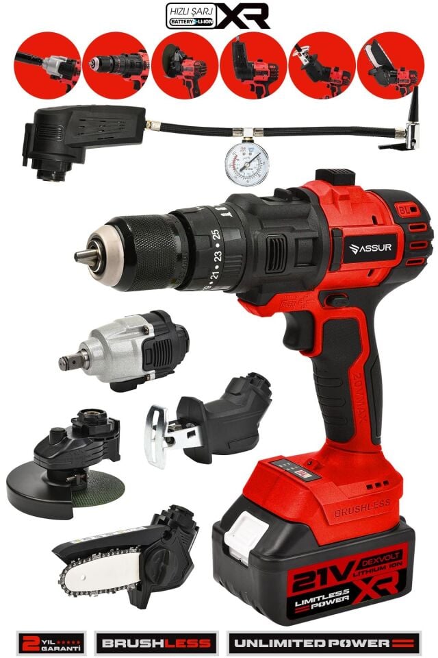 Assur 21V 6 Başlıklı Set Taşlama Somun Sıkma Tilki Kuyruğu Dal Budama Akülü Vidalama Hava Pompası