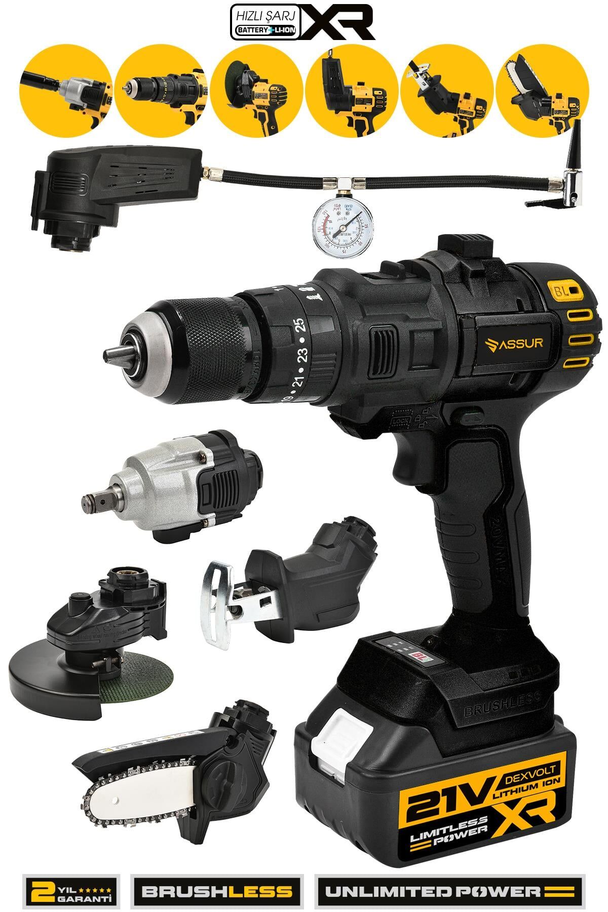 Assur 21V 6 Başlıklı Set Taşlama Somun Sıkma Tilki Kuyruğu Dal Budama Akülü Vidalama Hava Pompası