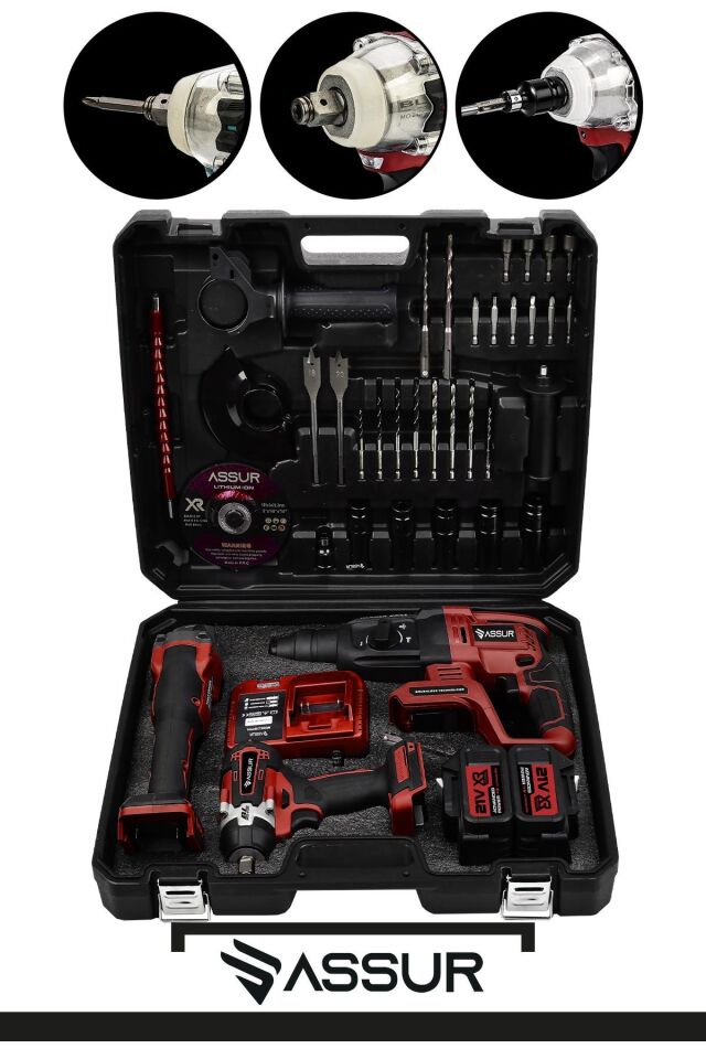 Assur Profesyonel 21V Çift Akü Kırıcı Delici Hilti 2-26mm + Somun Sıkma Sökme + Taşlama 3'lü Set