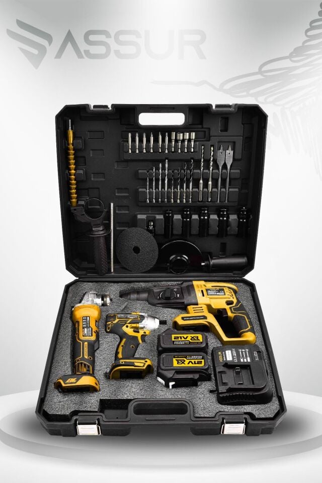 Assur Profesyonel 21V Çift Akü Kırıcı Delici Hilti 2-26mm + Somun Sıkma Sökme + Taşlama 3'lü Set