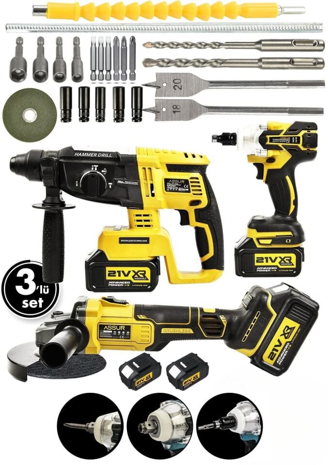 Assur Profesyonel 21V Çift Akü Kırıcı Delici Hilti 2-26mm + Somun Sıkma Sökme + Taşlama 3'lü Set