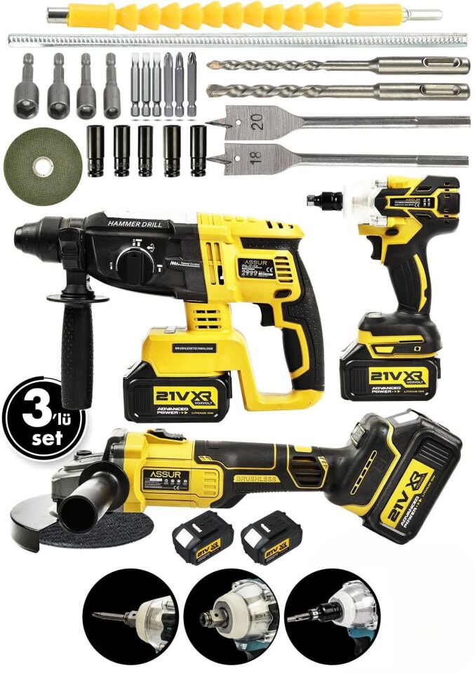 Assur Profesyonel 21V Çift Akü Kırıcı Delici Hilti 2-26mm + Somun Sıkma Sökme + Taşlama 3'lü Set