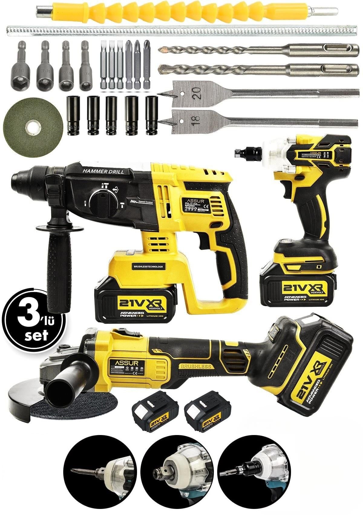 Assur Profesyonel 21V Çift Akü Kırıcı Delici Hilti 2-26mm + Somun Sıkma Sökme + Taşlama 3'lü Set