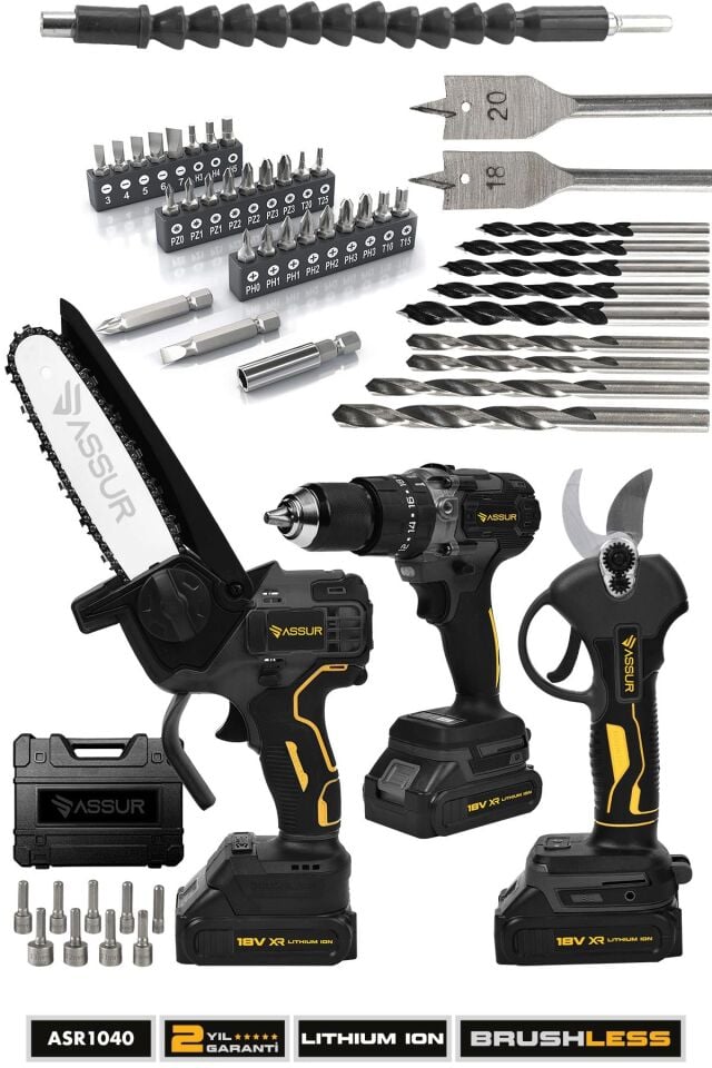 Assur Profesyonel 18V Çift Akülü Budama Makası Budama Testeresi Matkap 3'lü Set