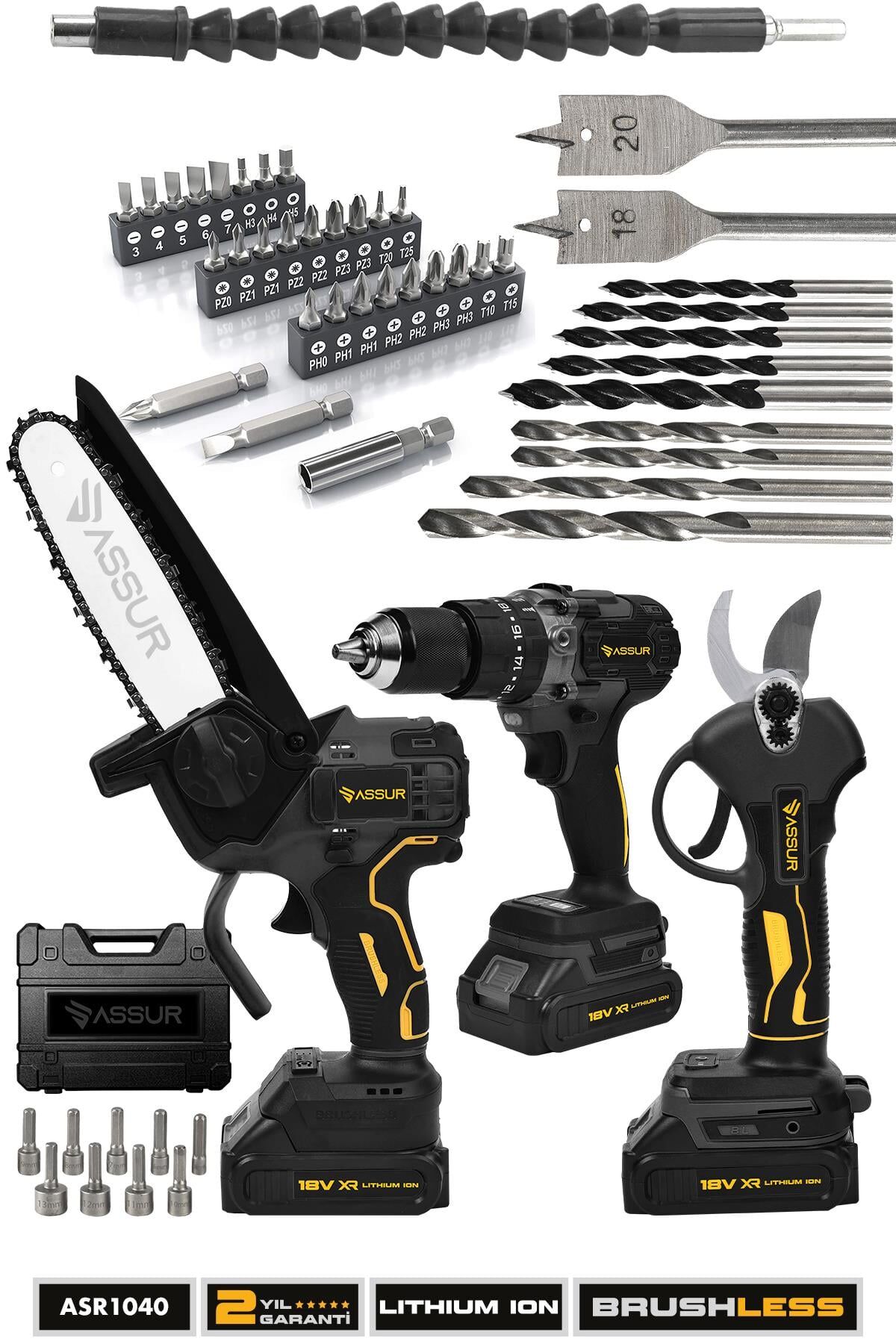 Assur Profesyonel 18V Çift Akülü Budama Makası Budama Testeresi Matkap 3'lü Set