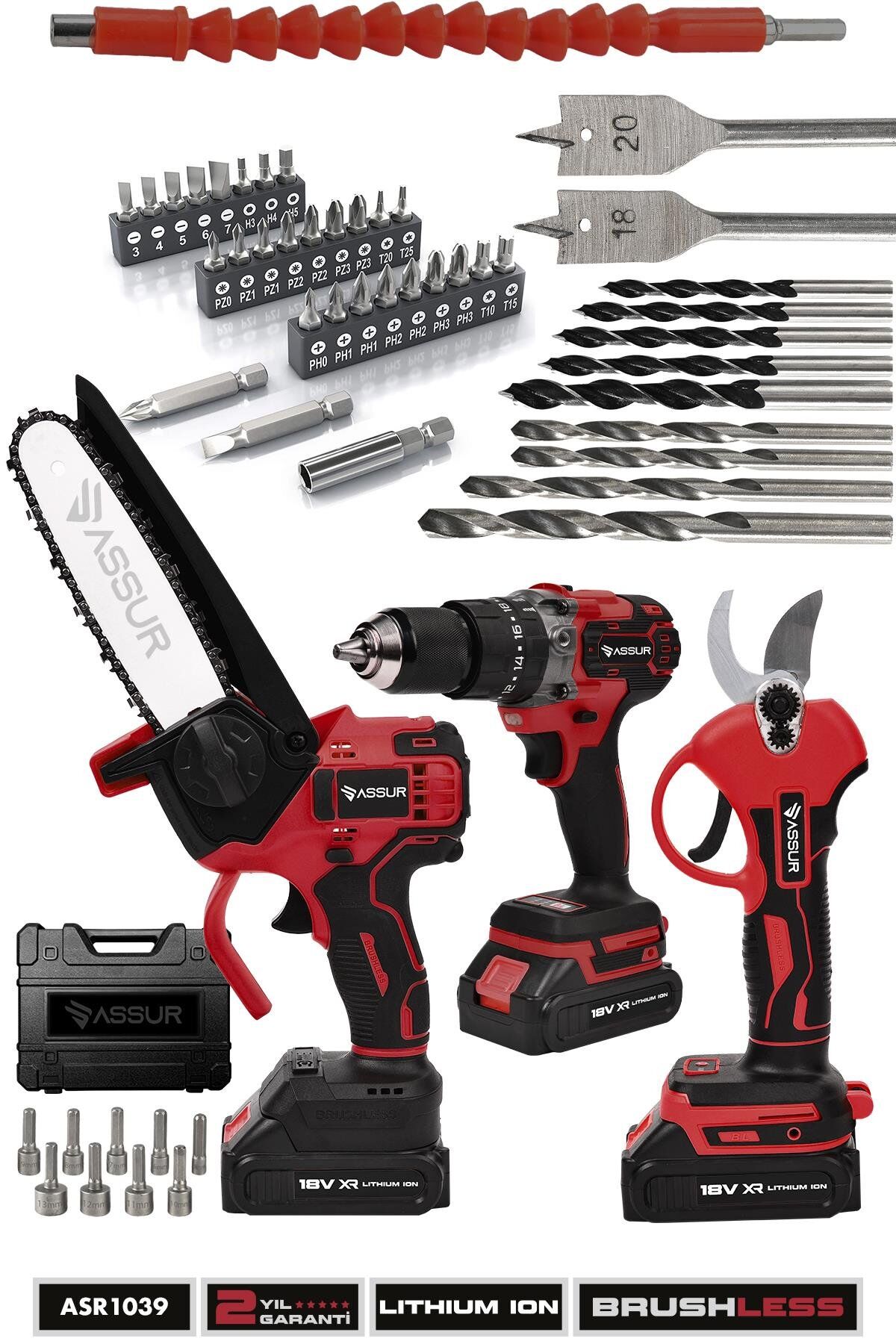 Assur Profesyonel 18V Çift Akülü Budama Testeresi Matkap Budama Makası 3'lü Set