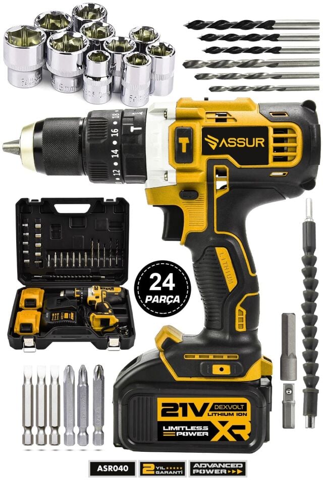 Assur Plus 21V Metal Şanzıman Çift Akülü Şarjlı Darbeli Matkap