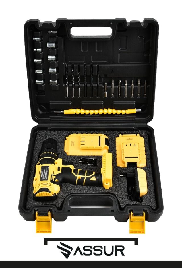Assur 12V Metal Şanzıman Çift Akülü Şarjlı Darbeli Matkap 24 Parça Akülü Vidalama