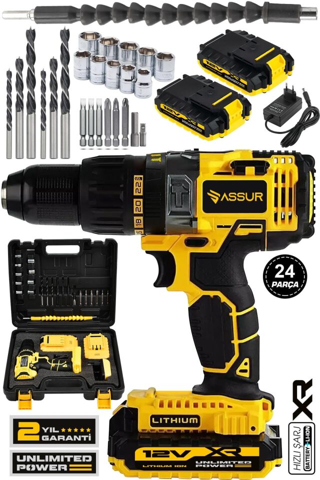 Assur 12V Metal Şanzıman Çift Akülü Şarjlı Darbeli Matkap 24 Parça Akülü Vidalama