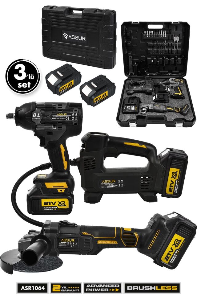 Assur 21V Çift Akü 800 Nm Somun Sıkma Sökme Matkap 125 Mm Taşlama Hava Pompası 3'lü Set