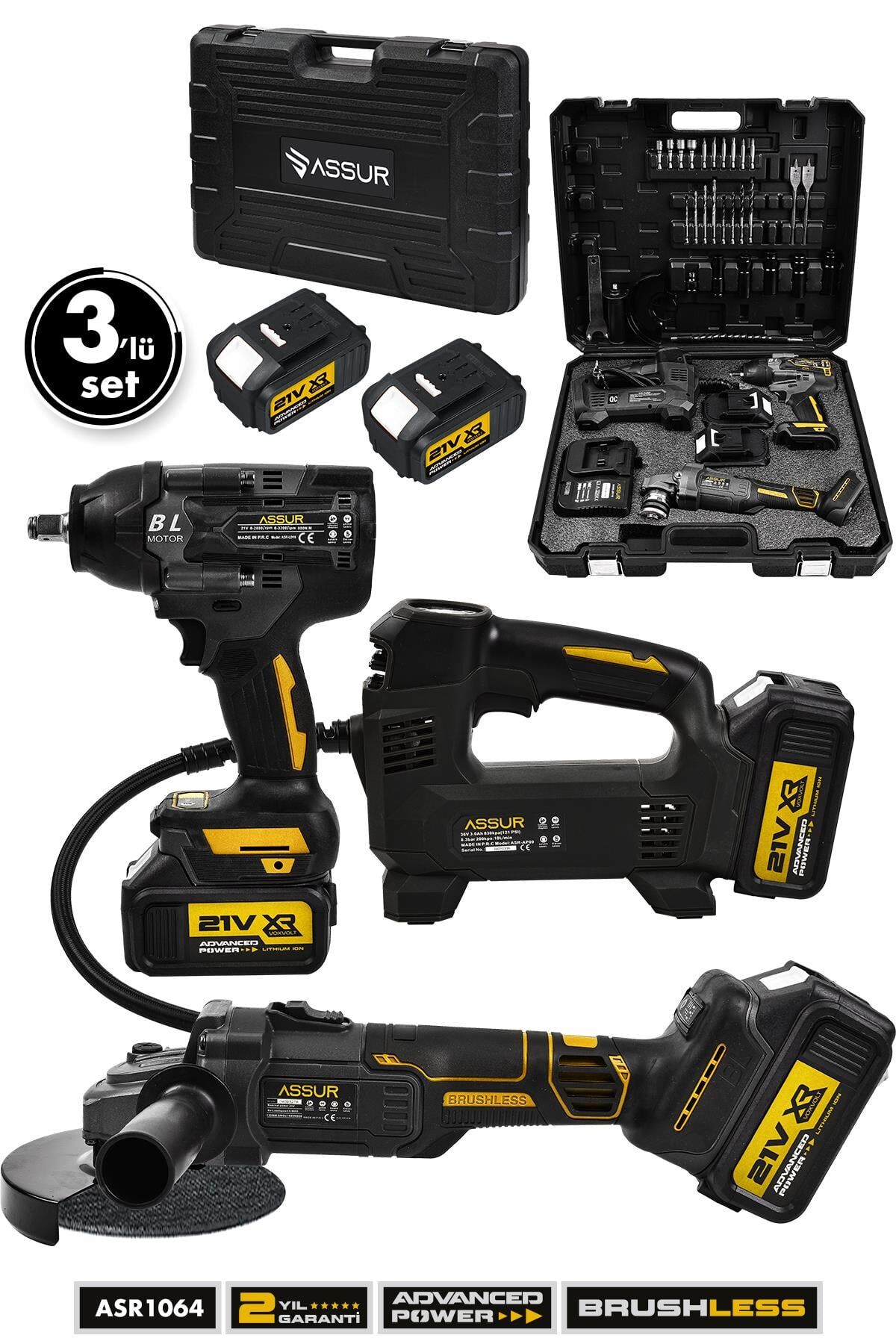 Assur 21V Çift Akü 800 Nm Somun Sıkma Sökme Matkap 125 Mm Taşlama Hava Pompası 3'lü Set