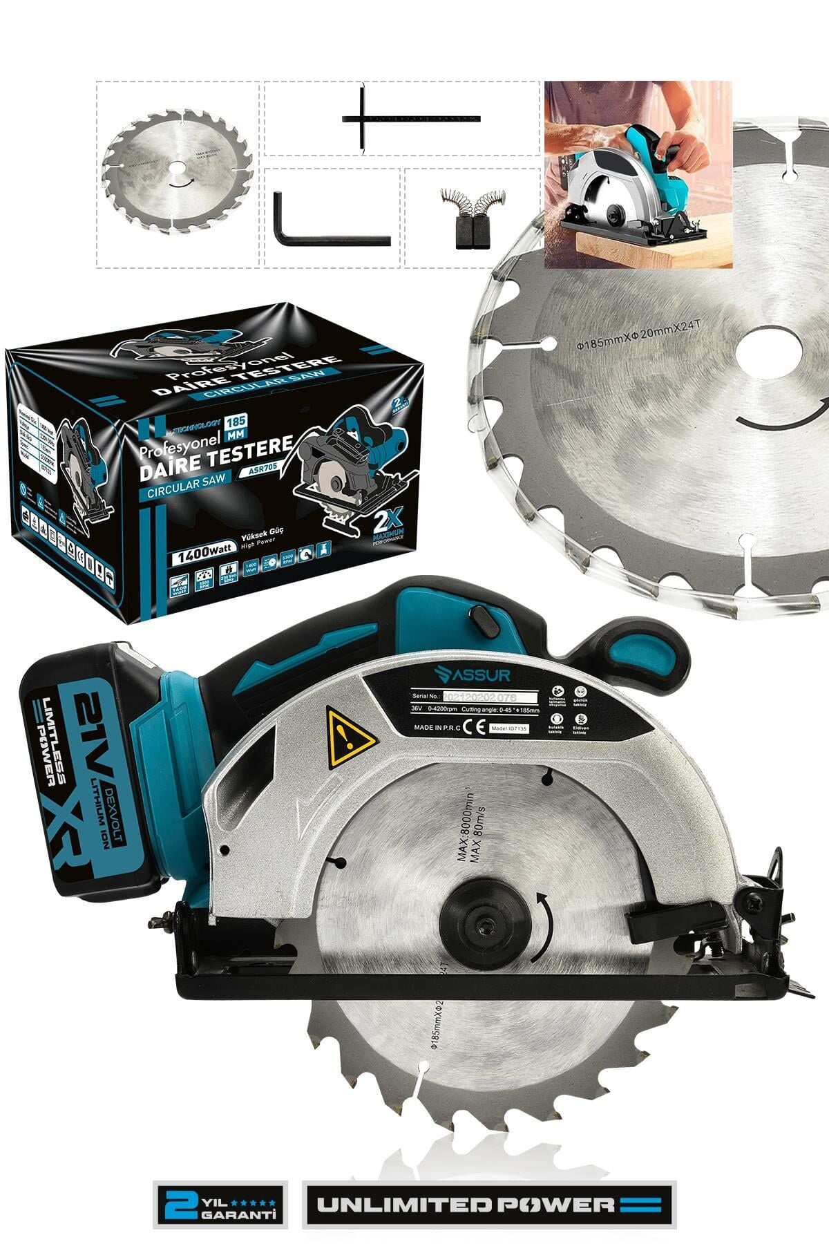 Assur 21V Çift Akülü 4200rpm Şarjlı Daire Testere 185 Mm Ahşap Seramik Kesme
