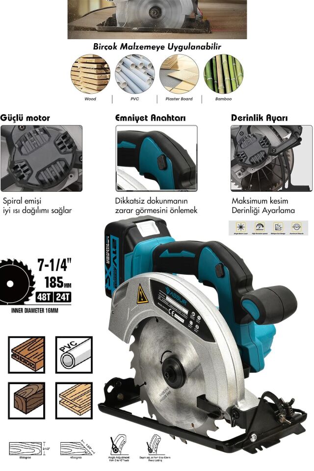 Assur 21V Çift Akülü 4200rpm Şarjlı Daire Testere 185 Mm Ahşap Seramik Kesme
